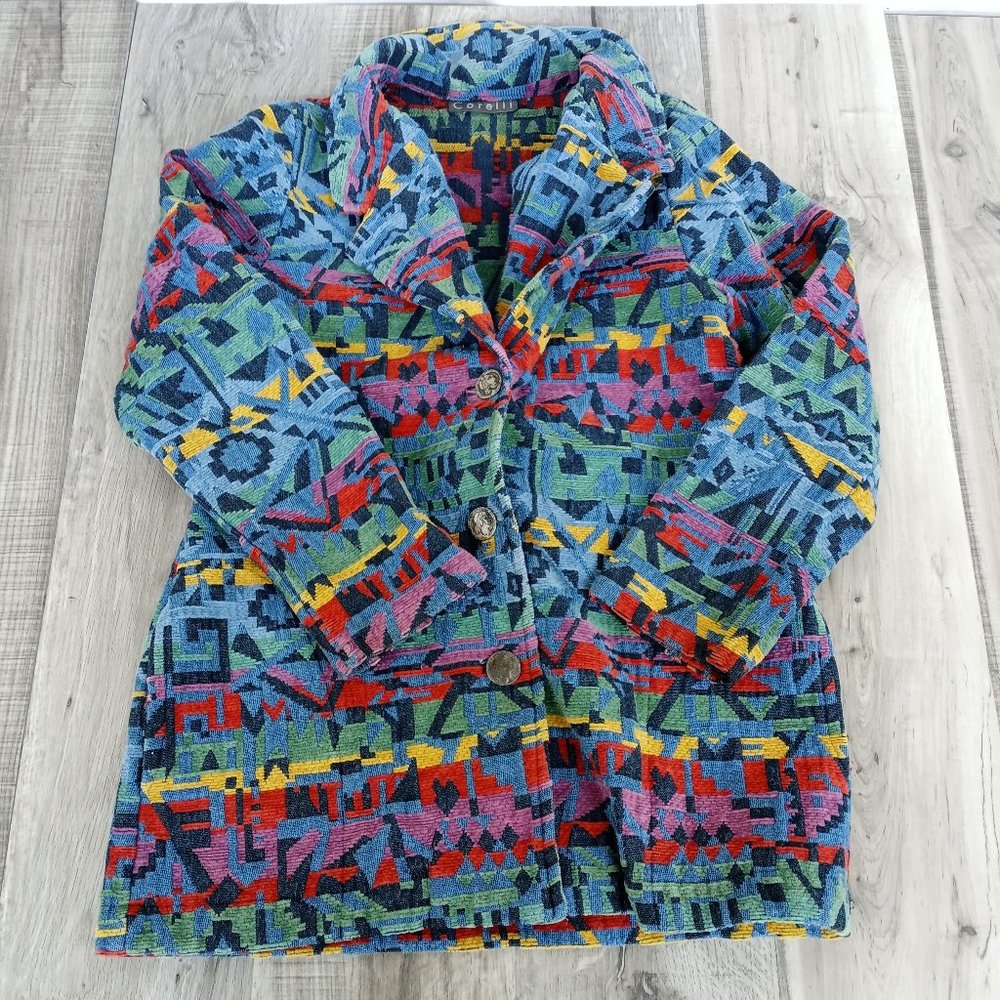 Vintage Aztec Geometric Southwestern Textile Blazer Jacket Metal Coin Button